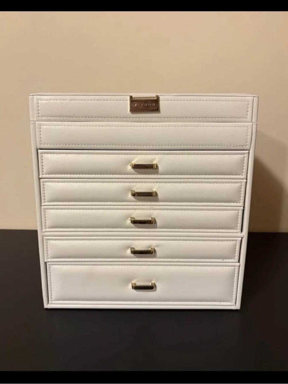 Vlando 6 Tier White Jewelry Box With Gold Hardware and Mirror